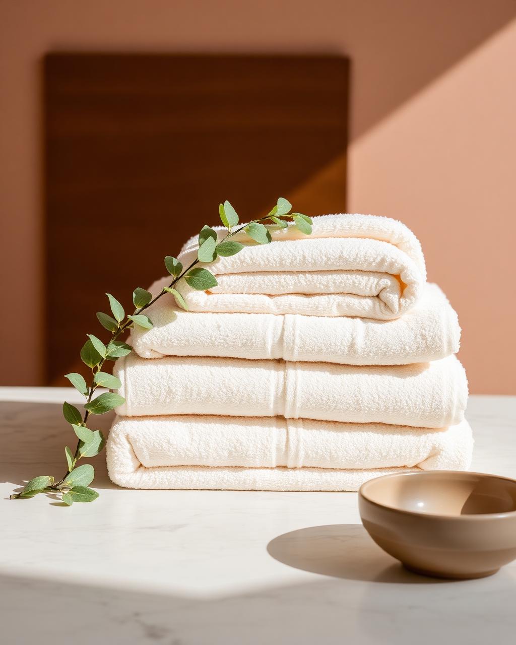 Folded cream towels with eucalyptus on marble